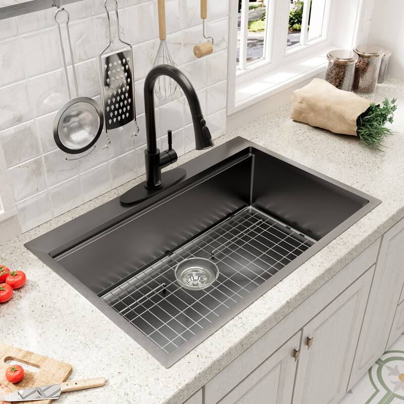Drop-In Nano PVD Gunmetal Black Stainless Steel Workstation Kitchen Sink with 2-Function Pull-Down Kitchen Faucet & Accessories