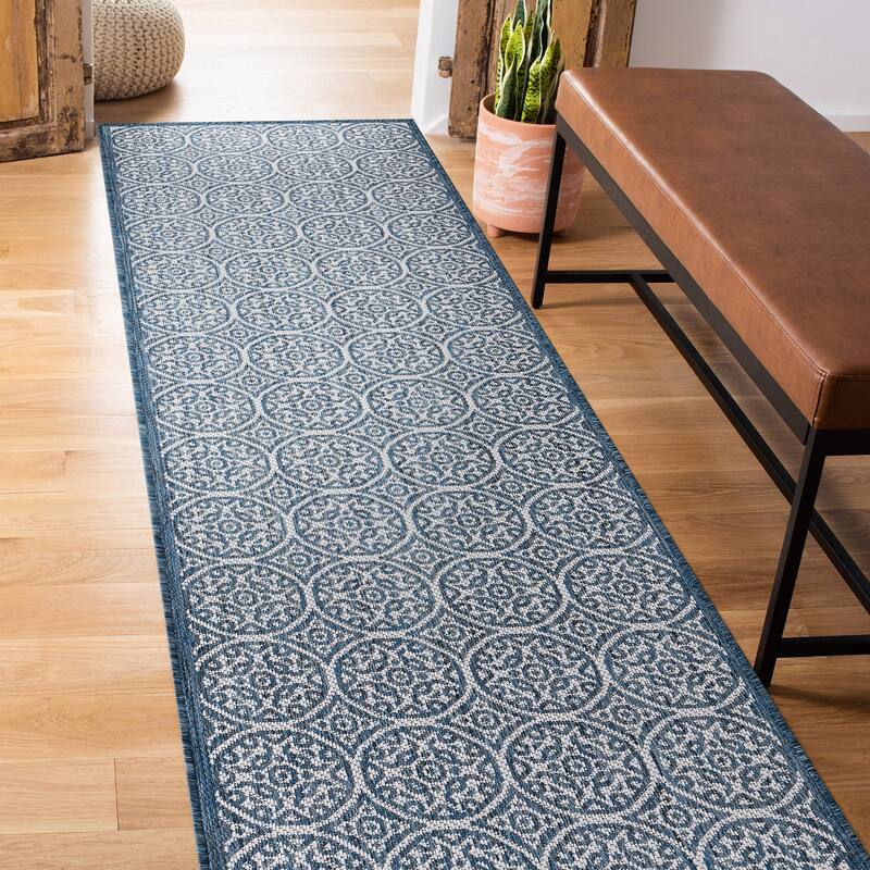 World Rug Gallery Transitional Floral Circles Textured Flat Weave Indoor/Outdoor Area Rug
