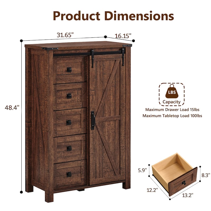 Farmhouse 5 Drawers Dresser, Vintage Chest of Drawers with Barn Door