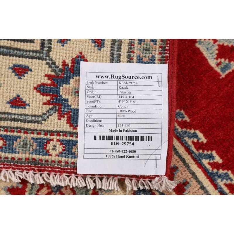 Red Kazak Foyer Rug Hand-Knotted Wool Carpet - 3'5" x 4'9"