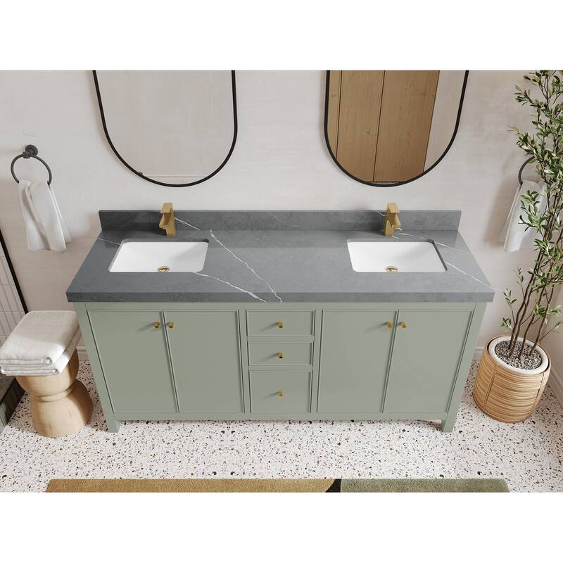Willow Collections 72 in. W x 22 in. D Chicago Double Bowl Sink Bathroom Vanity with Countertop - 2”Piatra Gray - Evergreen