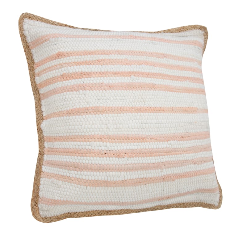 Sevita Coral Pink and White Striped Jute Bordered Throw Pillow