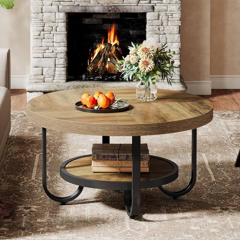 31.1 Inches Brown Engineered Wood Coffee Table, 2-Tier Round Center Table with Metal Legs for Living Room