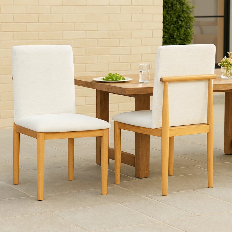 Side Dining Chair Set of 2, Solid Wood, Cream Textured Woven Fabric