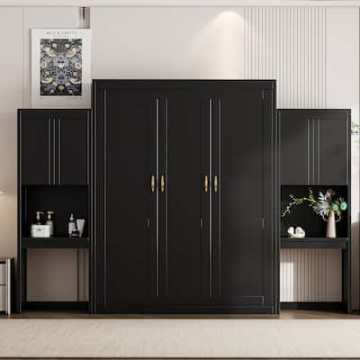 Queen Size Murphy Bed with 2 Doors Bookshelf and Vanity, Traditional Solid Wood Wall Bed, Can be Folded Platform Bed