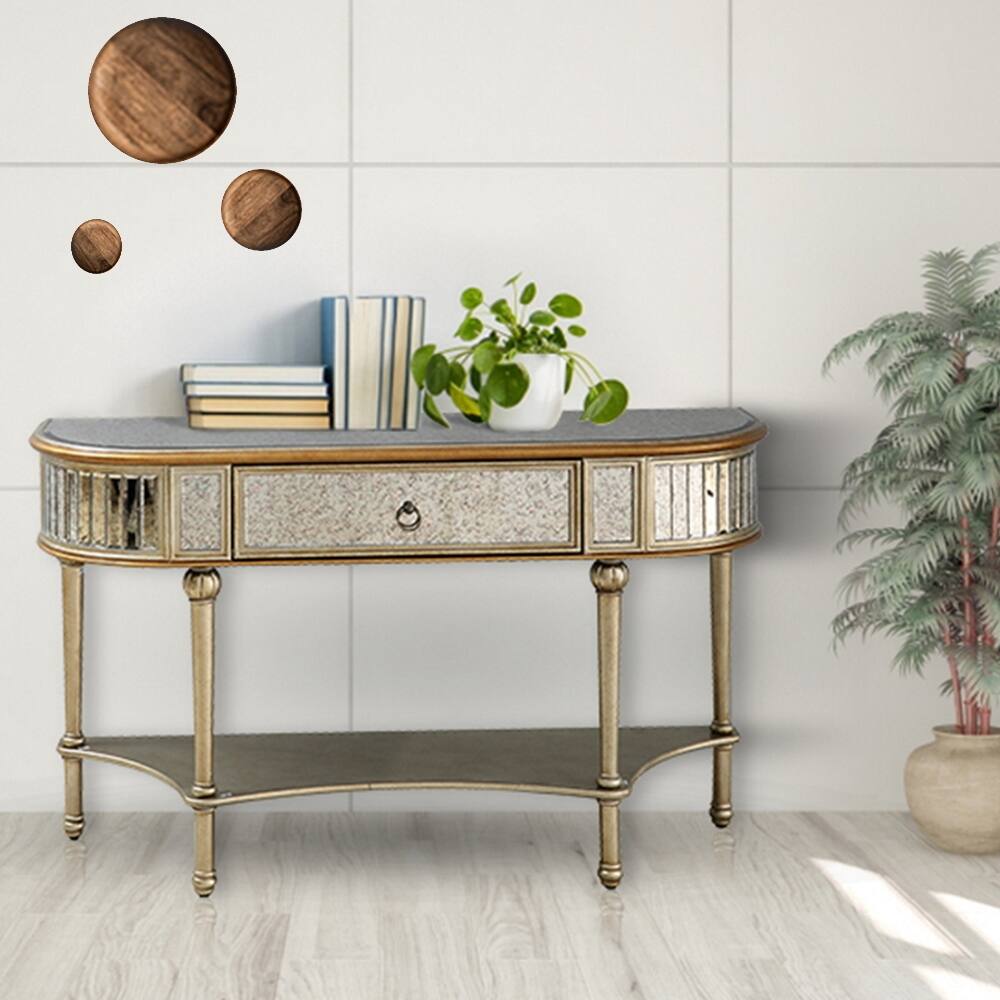 Antoinette 53 in. Antique Gold Half Moon Glass Console Table - 53"L x 15.75"W x 31.5"H