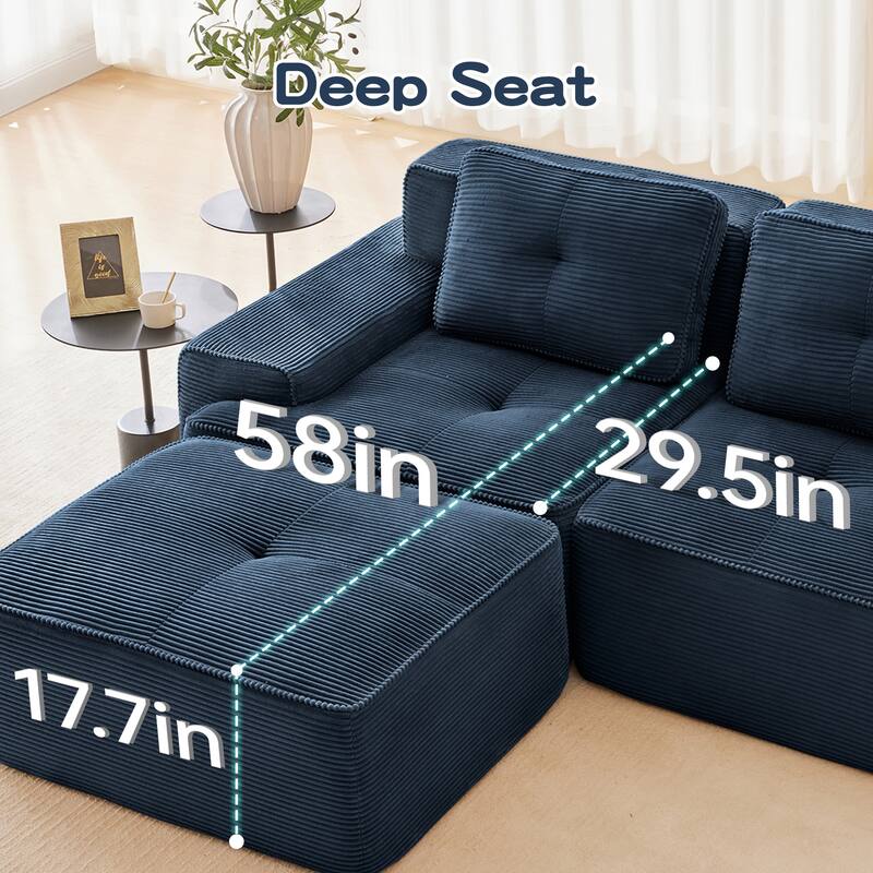 82" Tufted Sectional Sofa with Movable Ottoman, 2-Seater Corduroy Couch for Living Room, Floor Upholstered Leisure Loveseat