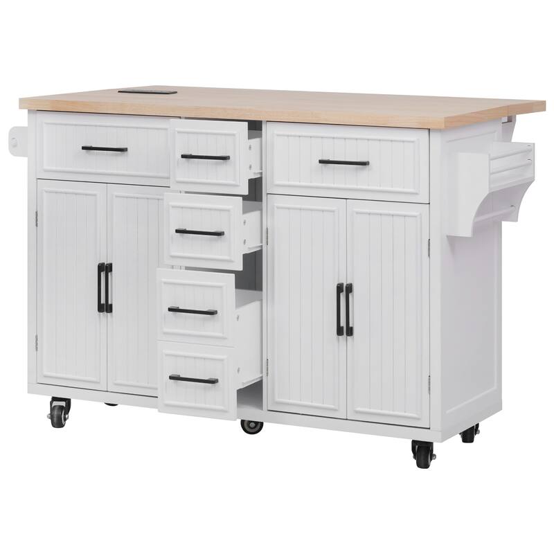 Kitchen Storage Island on Wheels with Drop Leaf & Power Outlet, 56.5'' Kitchen Island with 4 Doors , 5 Deep Drawers