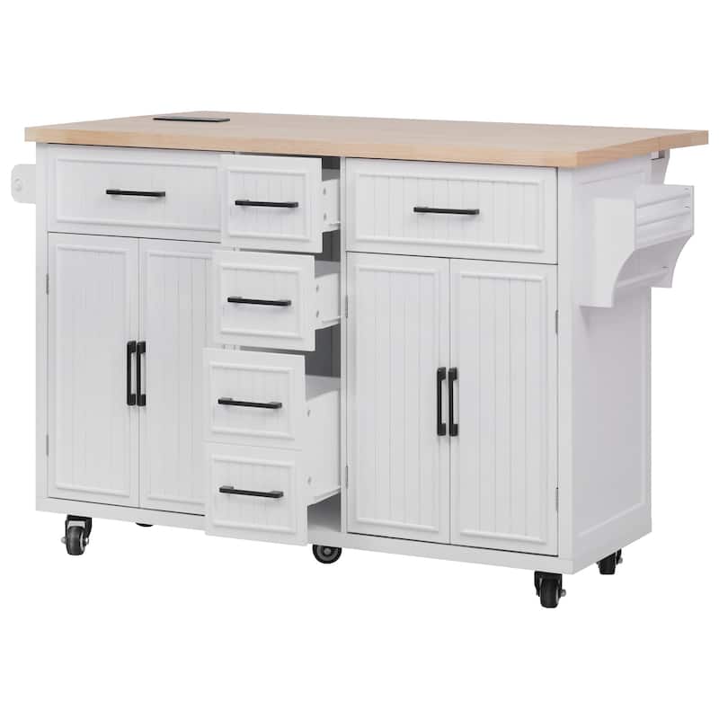 Rolling Kitchen Island with Drop Leaf & Power Outlet, Mobile Kitchen Cart on Wheels, Coffee Bar Cabinet with 4 Doors & 5 Drawers