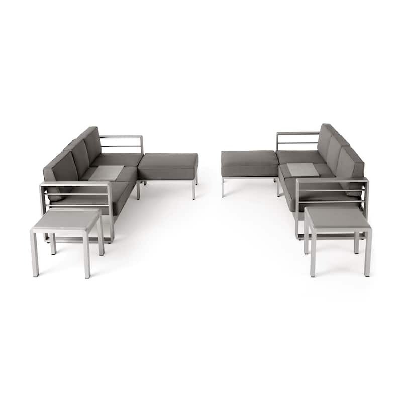 Cape Coral Outdoor 6 Seater Aluminum Sofa and Ottoman Set with Side Tables by Christopher Knight Home - Silver+Khaki