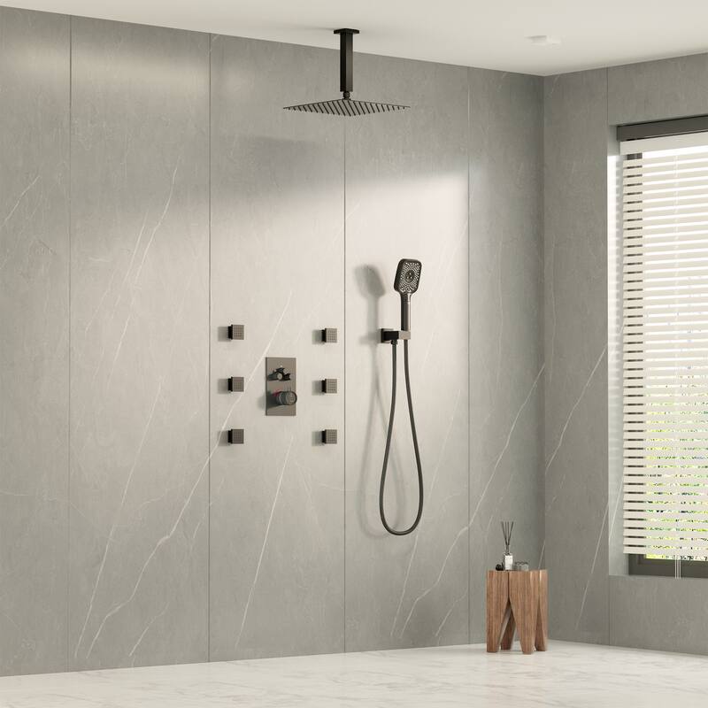 Celling Mount 12 Inch Rainfall Shower Head 3 Function Thermostatic Shower System with 6 Body Jets