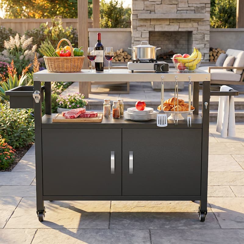 Pocassy Outdoor Grill Cart Table for Kitchen Prep and BBQ Island Table with Wheels. - Stainless Steel