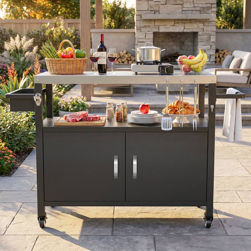 Pocassy Outdoor Grill Cart with Storage Cabinet Metal Kitchen Island Prep Table.