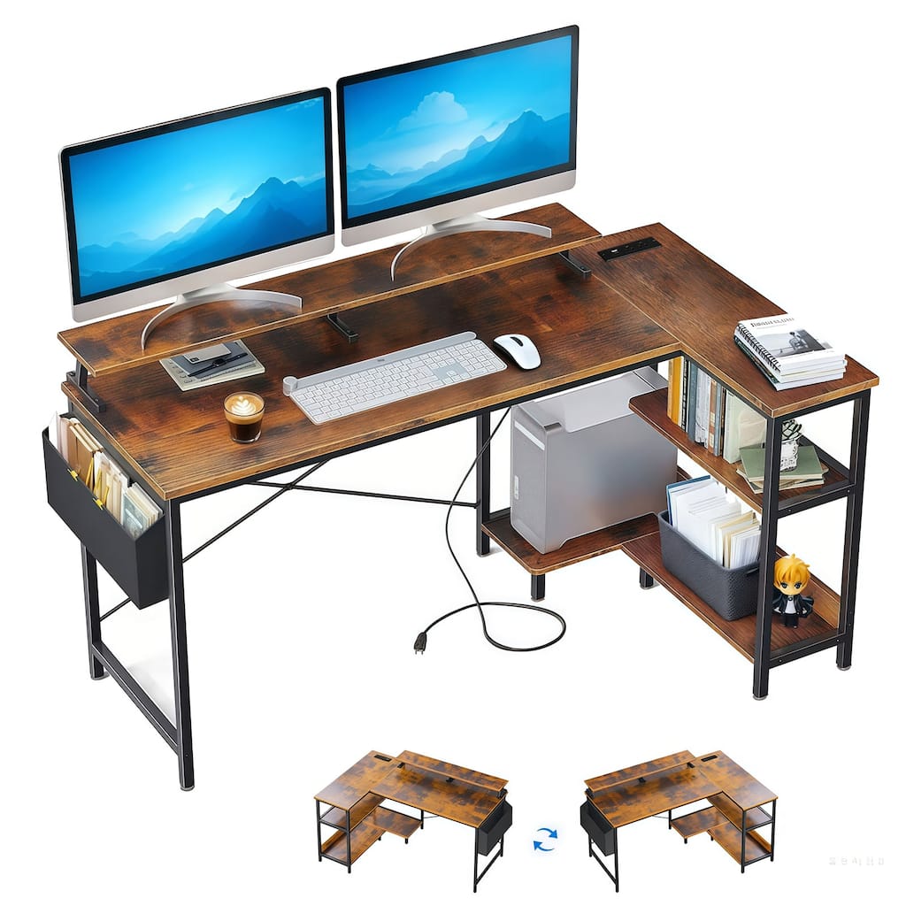 47'' Gaming Desk with Power Outlets, Reversible L Shaped Computer Desk with Monitor Stand / Storage Shelves, Corner Desk