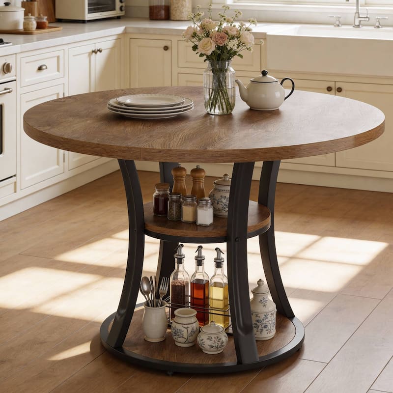 39 Inch Small Round Dining Table for 2-4 People, 3-Tier Round Pedestal Dining Table with Srorage for Kitchen / Dining Room - Brown+Black