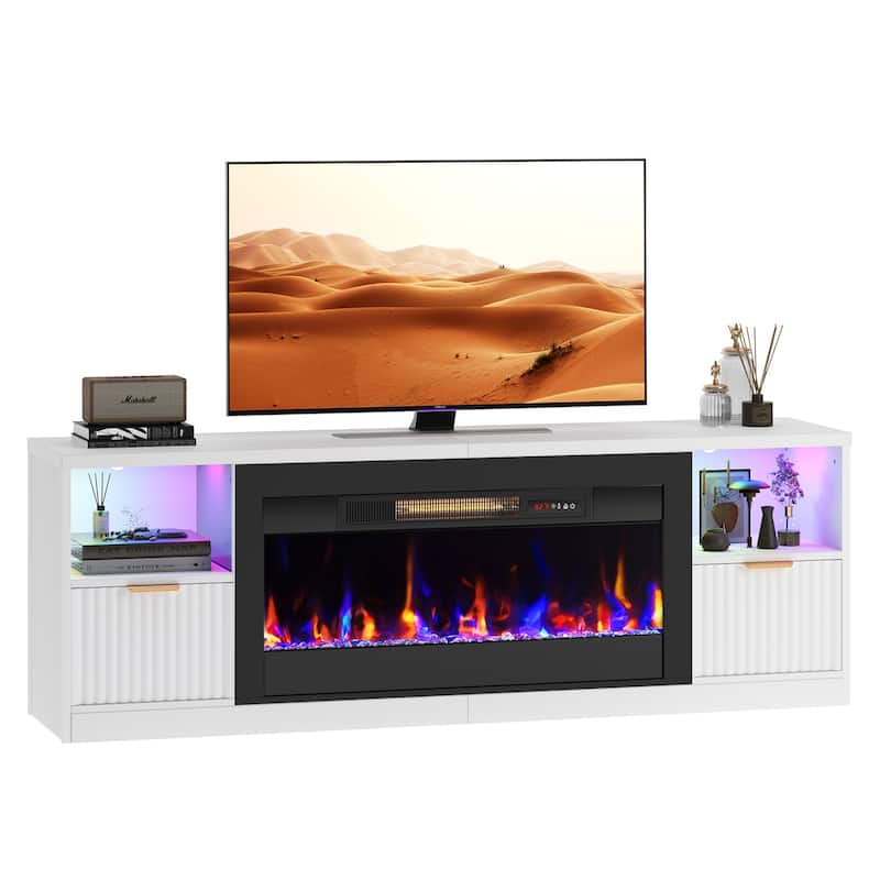 Bestier 71 in. Fluted Glossy White TV Stand with Electric Fireplace Fits TV Up to 80 in. Entertainment Center with Cabinet