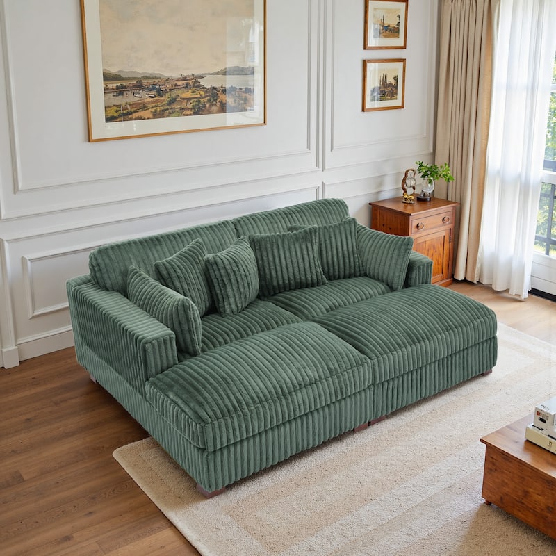82" W Plush Corduroy Modular Sectional Sofa Chaise Lounge - Green&4 Pillows