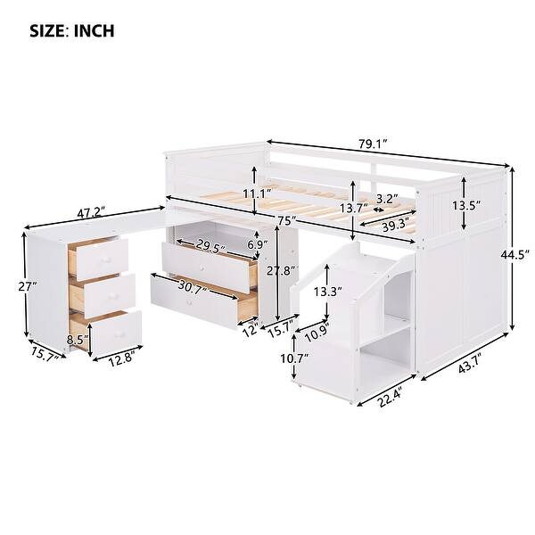 dimension image slide 1 of 3, Twin Size Pine Wood Loft Bed with Storage Steps, Movable Desk with 5 Drawers, Full-Length Guardrail