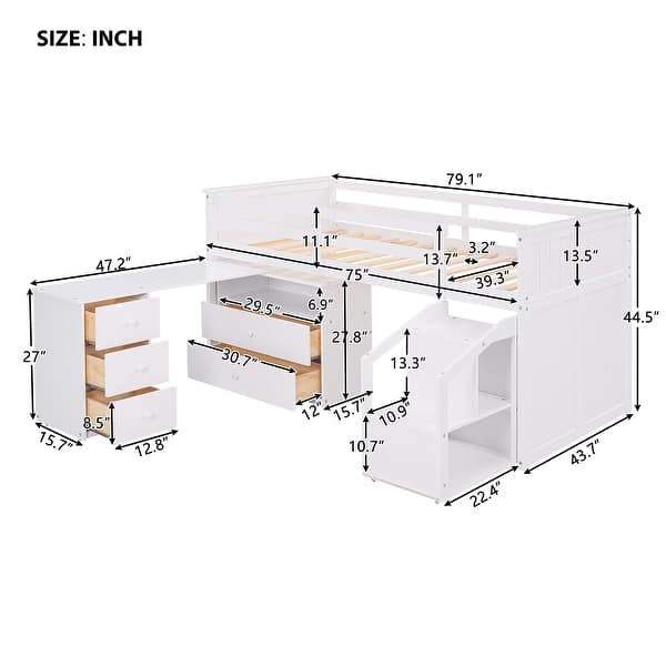 White Twin Pine Loft Bed with Storage Steps, Movable Desk, Drawers, Guardrail