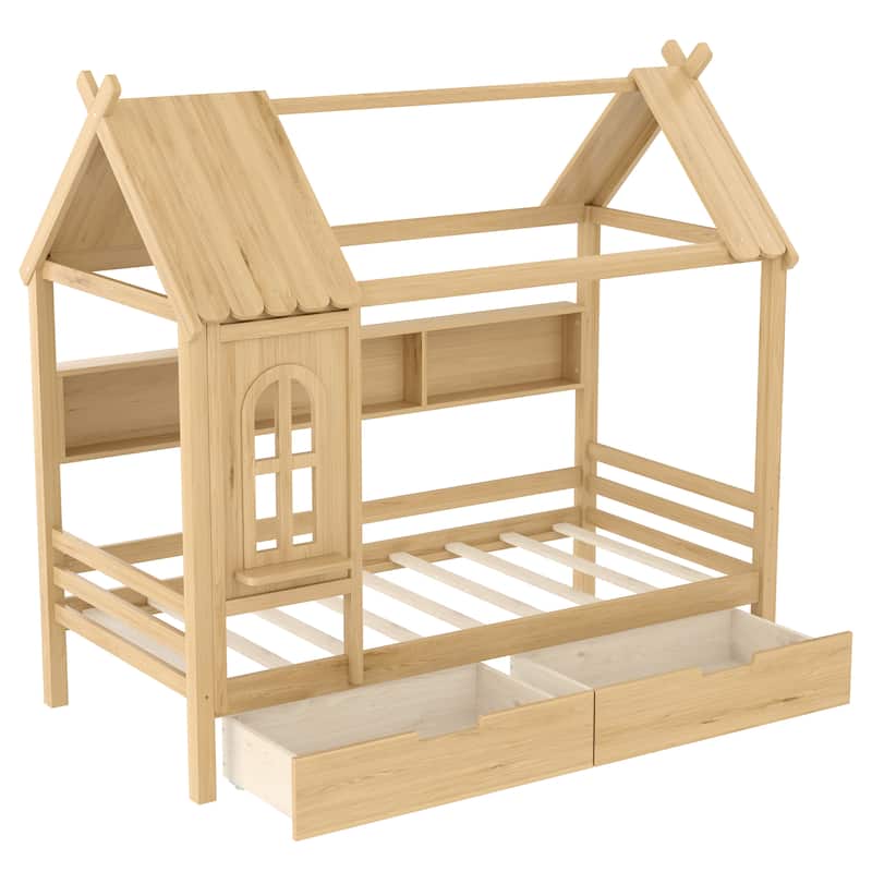 Charming House Bed for Girls, Boys Low Platform Bed Frame with Under-bed Drawers, Storage Shelves, Window and Roof
