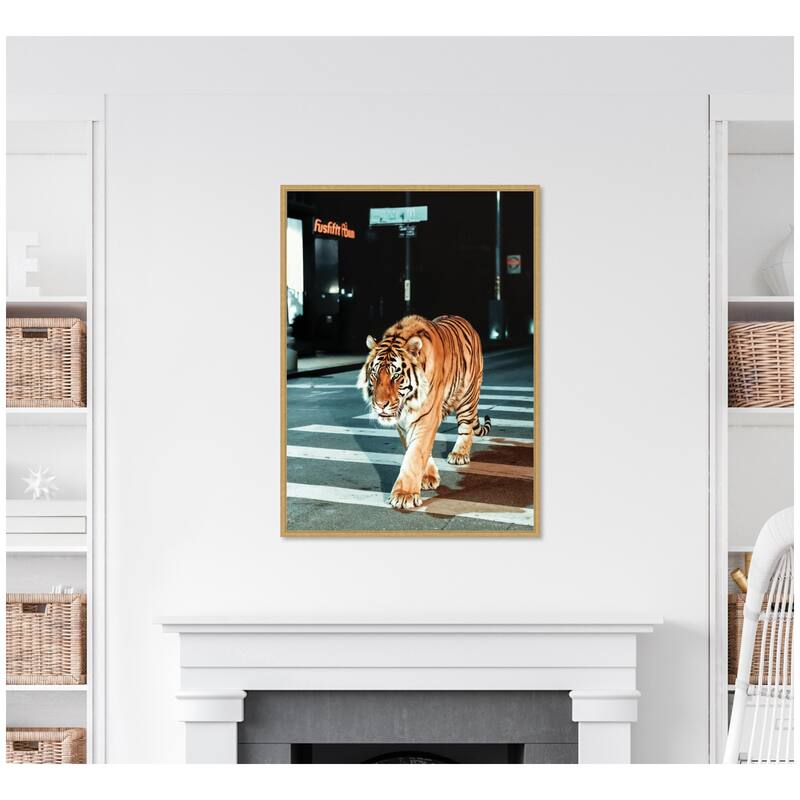 Kate and Laurel Sylvie Tiger in the City at Night 2 Framed Canvas by Michael Schauer