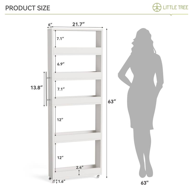 5-tier Tall Slim Storage Cart on Wheels Rolling Utility Cart - 5.9" D x 21.7" W x 63" H
