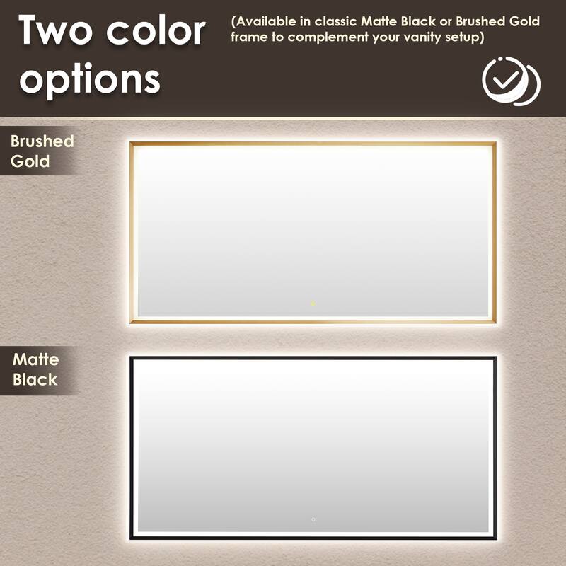 Apollo Rectangular Anti-Fog Dimmable Modern Bathroom/Vanity LED Lighted Wall Mirror in Brushed Gold Aluminum Framed