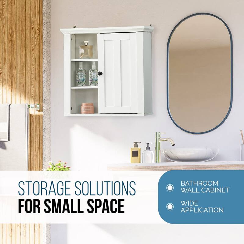 White MDF Wood Bathroom 1-Door Wall Storage Cabinet - 19.96" H x 20.87" W x 5.71" D