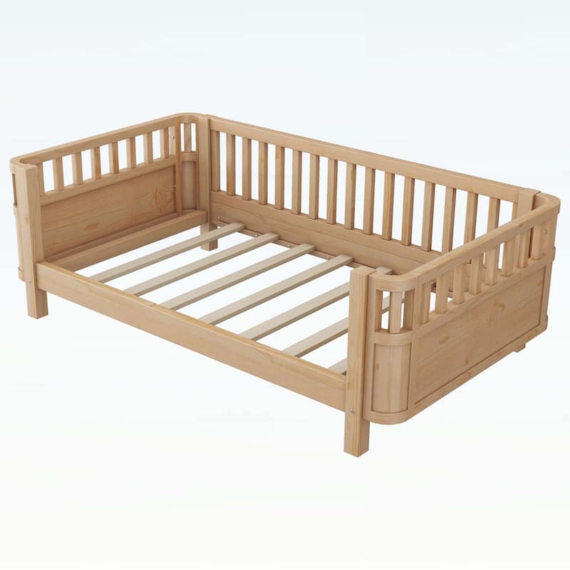Wood Platform Bed,Low Profile Design with Safety Rails,Ideal for Boys and Girls
