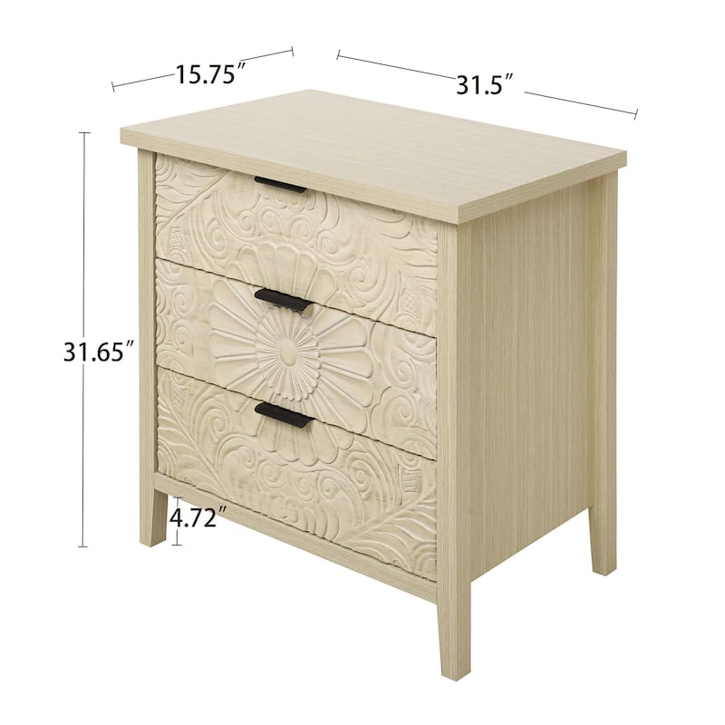 Roomfitters 3 Drawer Dresser Storage Cabinet, Carved Wood Chest of Drawers, Natural