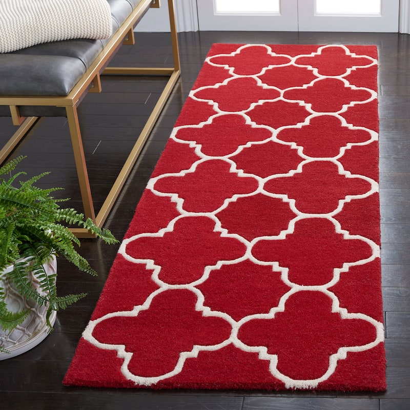 SAFAVIEH, Handmade Chatham Caisa Modern Moroccan Wool Rug - 2'3" x 11' Runner - Red/Ivory