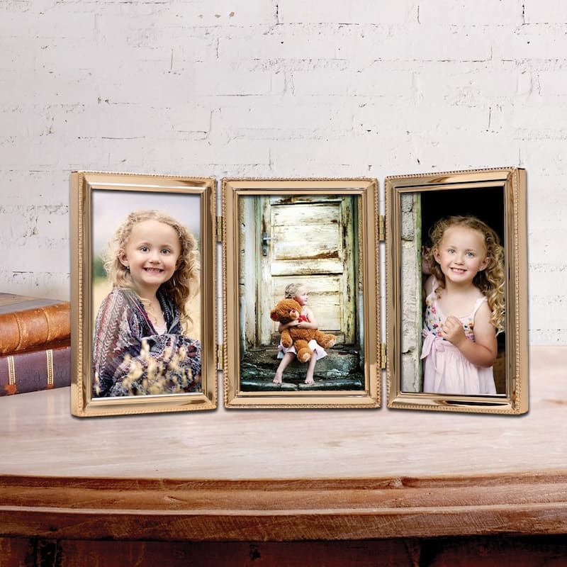 Curata Gold-Tone Portrait Hinged Polished Beaded 4x6 Triple Photo Frame