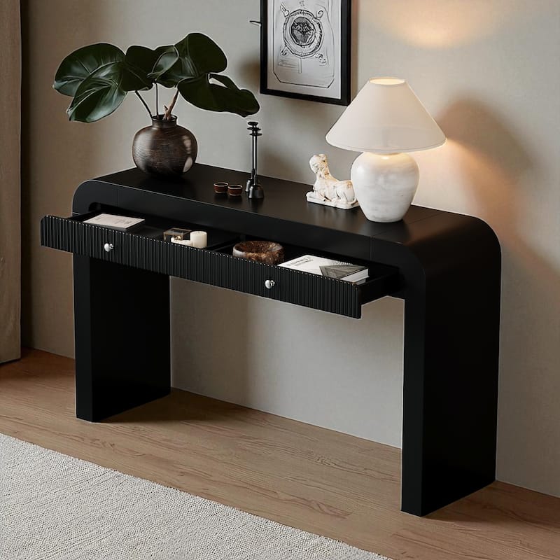 54.3" Rustic Console Table with Fluted Drawer, Curved Corners & Thick Legs, Entryway or Hallway Accent Table