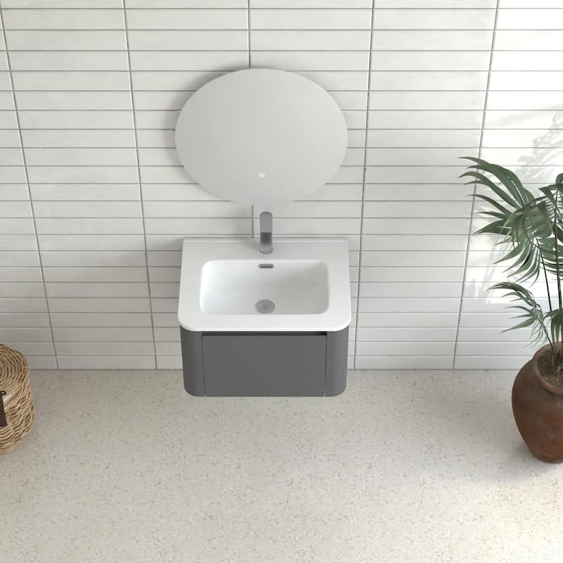 24" Grey Wall Mounted Bathroom Vanity With Basin Floating Vanity Drawer Bathroom Cabinet With White Ceramic Integrated Basin