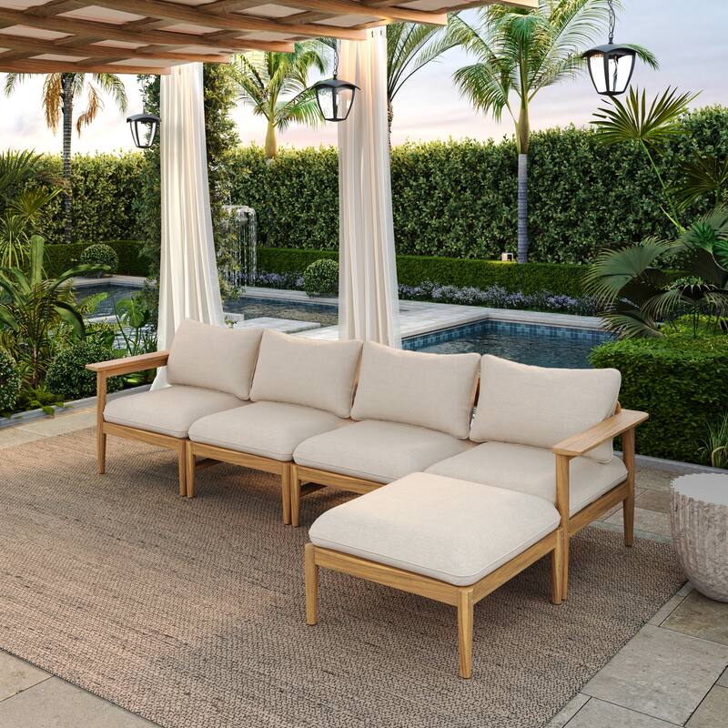 Christopher Knight Home - Terassi 5-Piece Acacia Wood Outdoor L-Shaped Sectional Sofa Set with Ottoman, Light Teak Finish