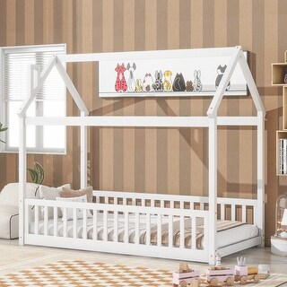 Twin Size Pine Wood House Bed Frame with Guardrails & Slats, White