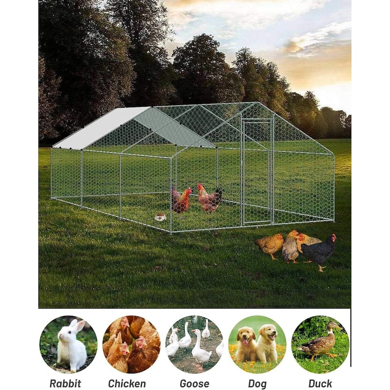 Chicken Coop, Large Metal Chicken Run for Yard with Waterproof Cover