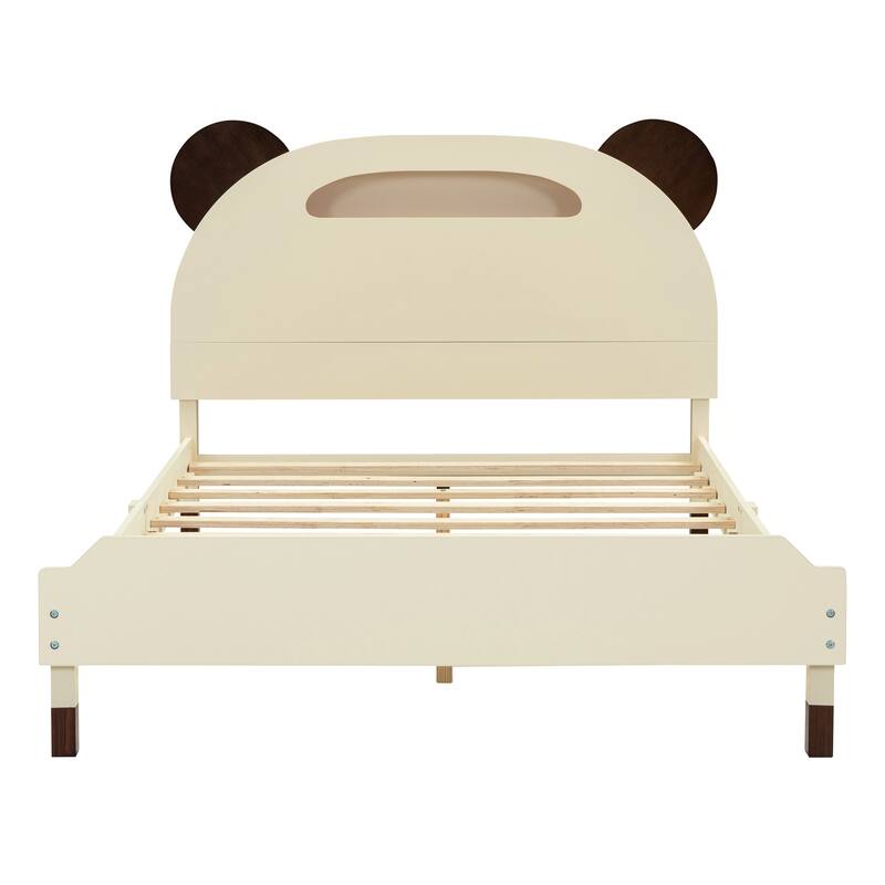 Full Size Wood Platform Bed with Bearshaped Headboard,Bed with Motion
