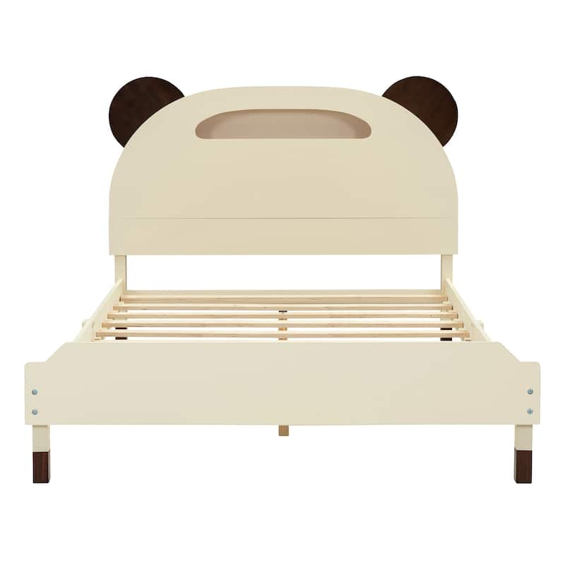 Full Size Wood Platform Bed with Bear-shaped Headboard Bed Frame