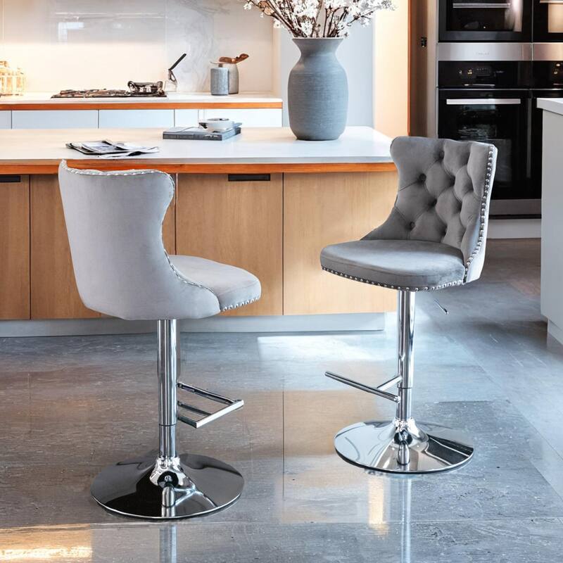 Swivel Velvet Barstools Adjusatble Seat Modern Upholstered Chrome base Bar Stools for Home Pub and Kitchen Island（Set of 2） - Gray