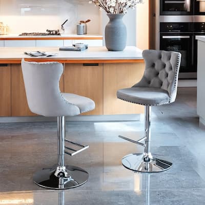 Swivel Velvet Barstools Adjusatble Seat Modern Upholstered Chrome base Bar Stools for Home Pub and Kitchen Island（Set of 2）