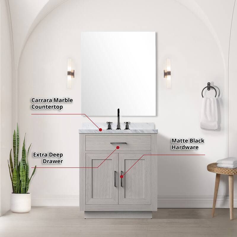 Abbey Bath Vanity with Carrara Marble Top, Sink, Mirror and Faucet