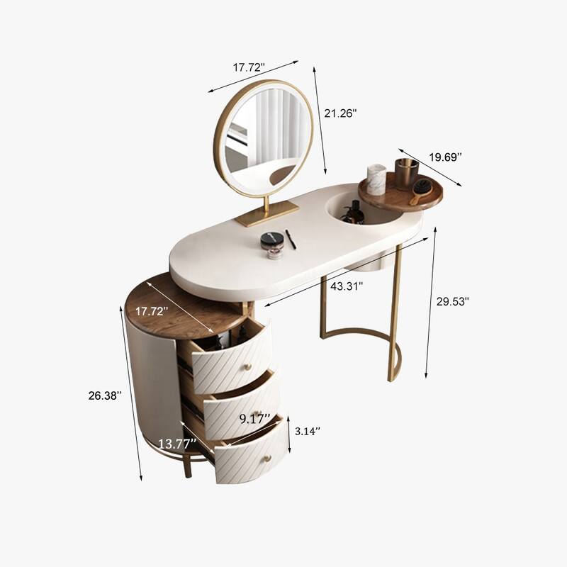 Modern Makeup Vanity Table With LED Lighted Mirror,Dressing Table with Movable Tray Top, 3 Solid Wood Drawer, Without Stool