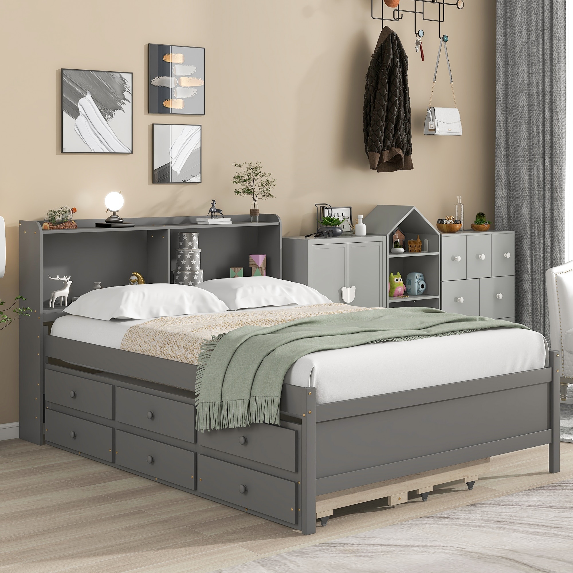 Full size bed with top bookcase headboard and trundle