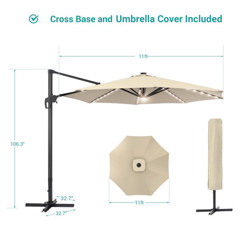 BONOSUKI 11FT LED Cantilever Patio Umbrella Angle Adjustment w/Cross Base
