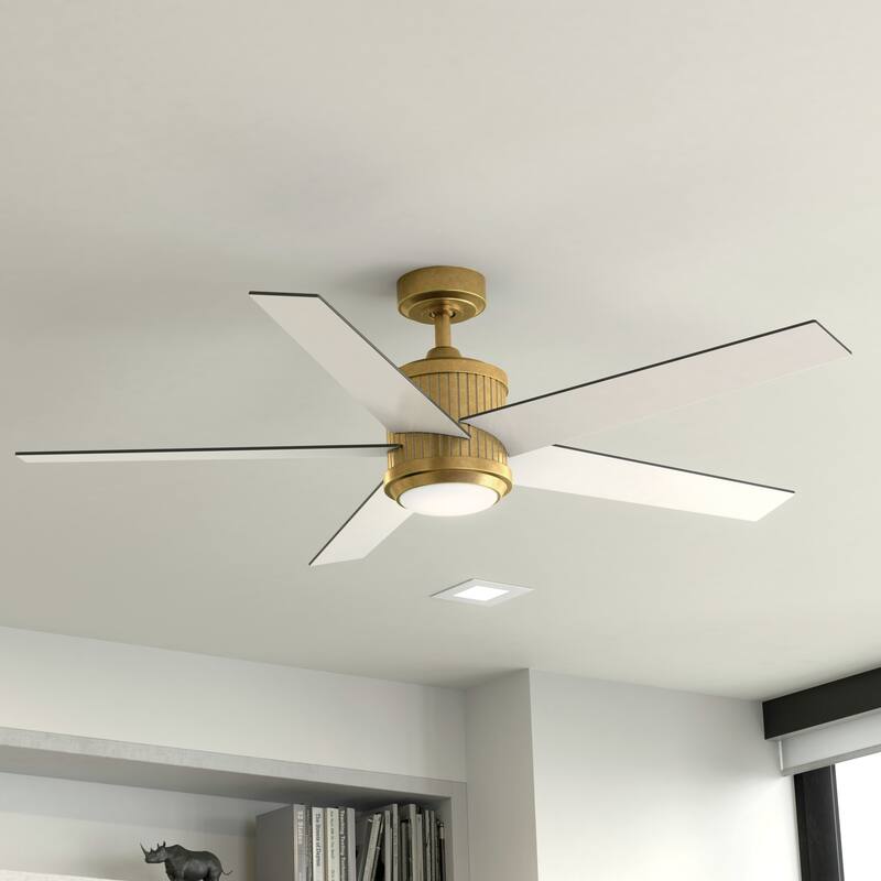 Kichler Brahm 56 inch LED Ceiling Fan Natural Brass with Walnut and White Blades