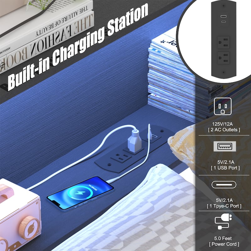 Corner Daybed with Storage Drawers, Bookcase Headboard, LED Lights & Charging Station for Kids