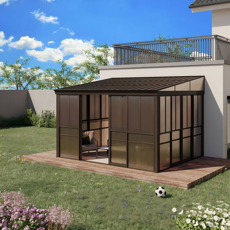 Outdoor Solarium Sunroom,Patio Hardtop Gazebo,All-Season Aluminum Patio Gazebo with with Sliding Doors and Screens