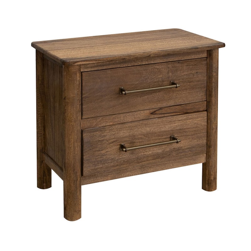 Olum 28 Inch Nightstand, 2 Drawers, Metal Handles, Solid Mango Wood, Brown