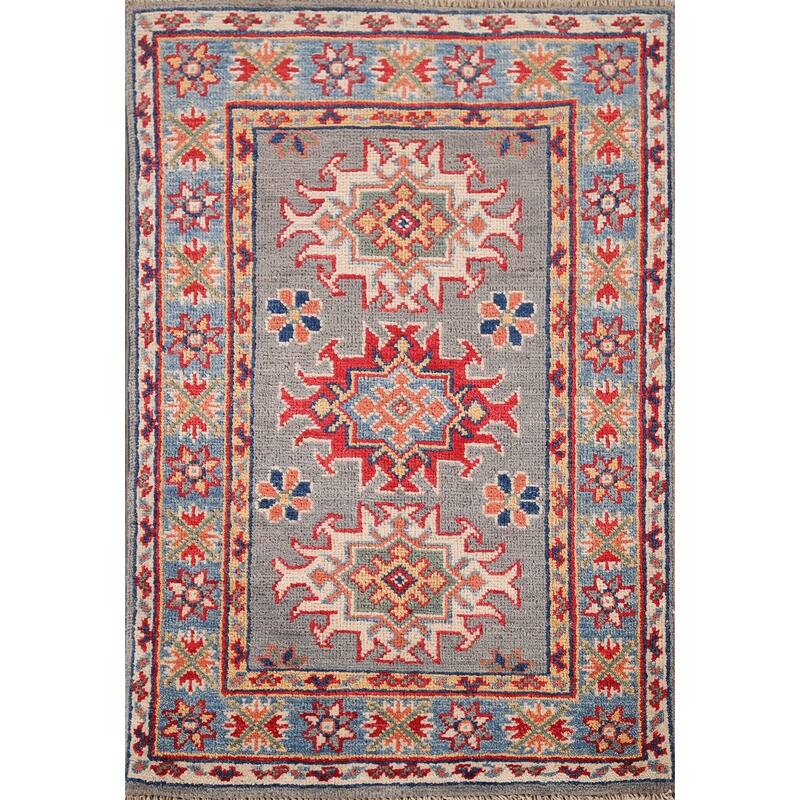 Gray Geometric Kazak Oriental Foyer Rug Hand-Knotted Wool Carpet - 2'0" x 3'0"